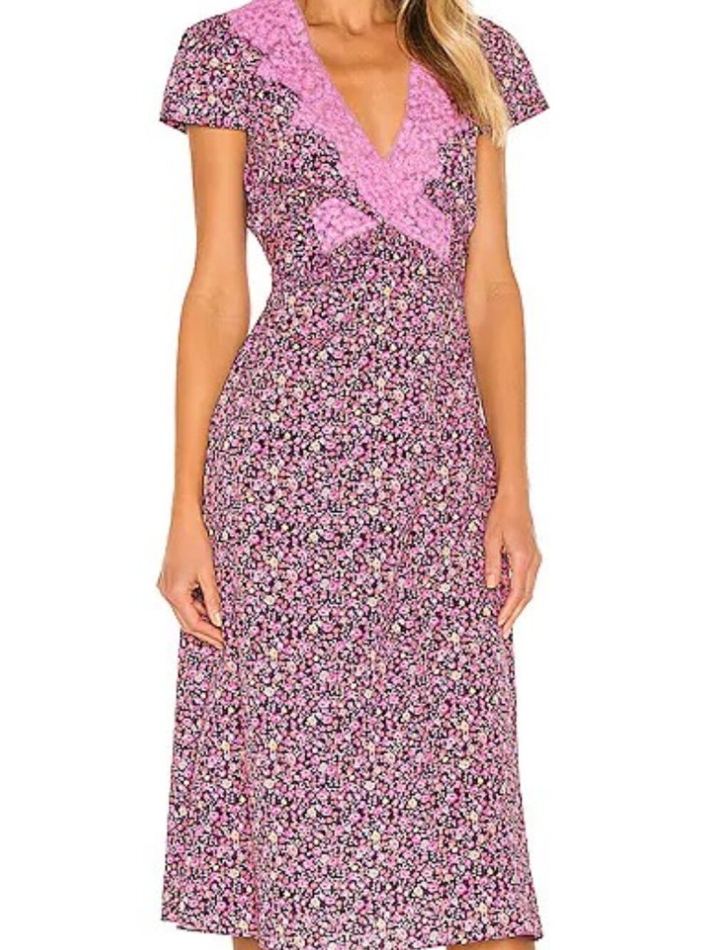 LoveShackFancy Minuet Midi Dress Sz 6 Cherry Wine Pink Floral Lace Trim Cottage